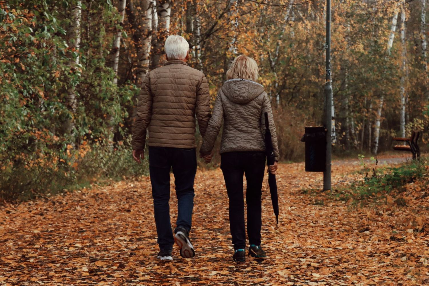 An older couple walking away from the camera, holding hands, down a leaf-covered path.